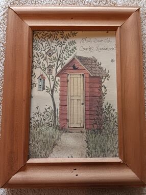 Vintage Framed Outhouse Print "That Dear Old Country Landmark" 5 3/4"W X 7 1/2"